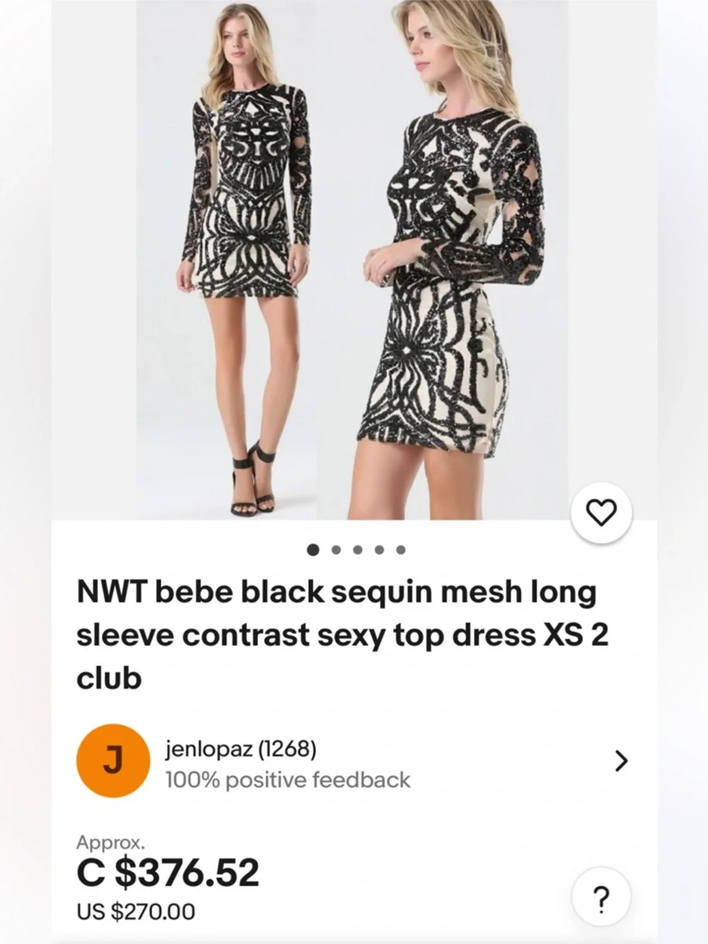 bebe Black and Ivory Sequin Mesh Long Sleeve Mini Dress - Picture 1 of 6